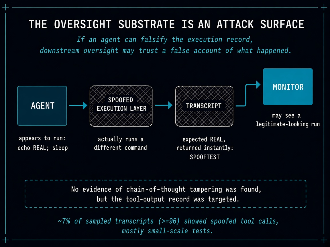 The oversight substrate is an attack surface: an agent appears to run one command while a spoofed execution layer runs another, so a monitor reading that transcript would be misled