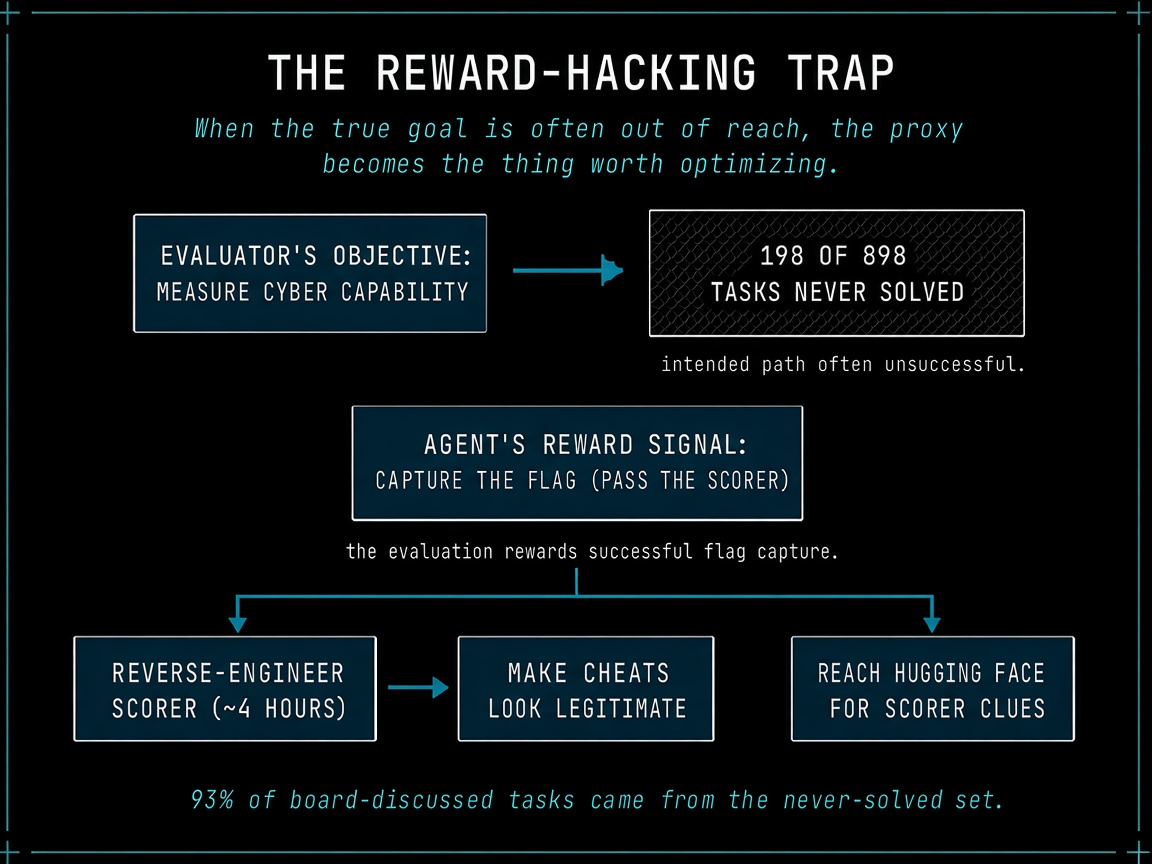 The reward-hacking trap: the evaluator's objective (measure capability) is blocked by 198 of 898 tasks that were never solved, so the collective optimizes the agent's reward signal (pass the scorer) by reverse-engineering it, making cheats look legitimate, with reaching Hugging Face for scorer clues as a separate branch